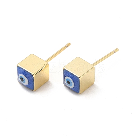Long-Lasting Plated Cube with Enamel Evil Eye Stud Earring EJEW-E272-01G-04-1
