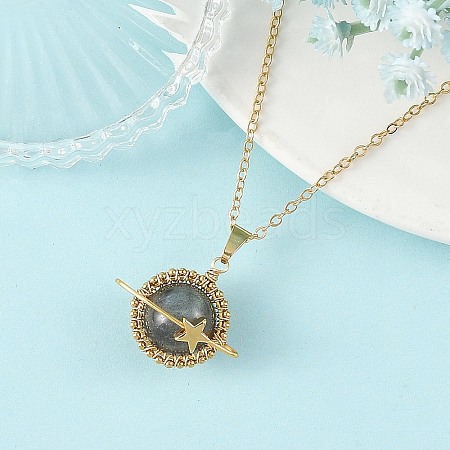 Natural Labradorite Copper Wire Wrapped Planet Pendant Brass Cable Chain Necklaces for Women NJEW-TA00260-04-1