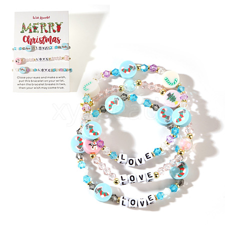 3Pcs Christmas Theme Handmade Polymer Clay & Glass Bicone Beads Stretch Bracelet Sets QY3550-8-1