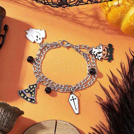 Halloween Theme 304 Stainless Steel Figaro Chains Multi-strand Bracelets BJEW-JB12094-02-1