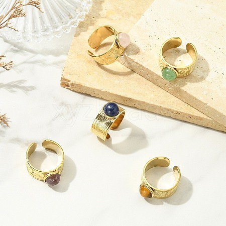 Natural Gemstone Round 304 Stainless Steel Cuff Open Rings for Women RJEW-JR01069-1