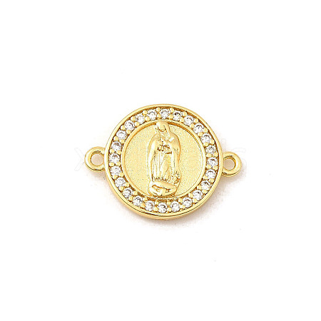 Brass Micro Pave Clear Cubic Zirconia Flat Round with Virgin Mary Connector Charms KK-C113-08G-1