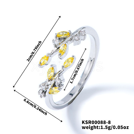 Exquisite Brass Cubic Zirconia Willow Leaf Cuff Rings for Women UN6923-8-1