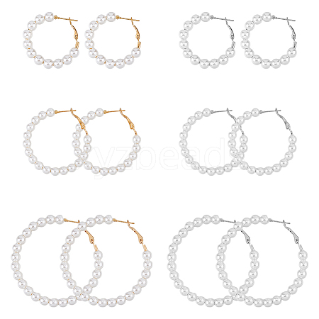 FIBLOOM 6 Pairs 6 Style Plastic Imitation Pearl Beaded Hoop Earrings with Iron Pins for Women EJEW-FI0002-10-1