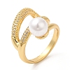 Rack Plating Brass Teardrop Cuff Ring with Plastic Pearl Beaded RJEW-D004-02G-3
