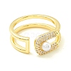Clear Cubic Zirconia Intial Letter D Shape Open Cuff Ring with Imitation Pearl for Women ZIRC-P096-16G-2