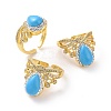 Synthetic Turquoise Crown Open Cuff Ring with Crystal Rhinestone RJEW-A011-09G-1