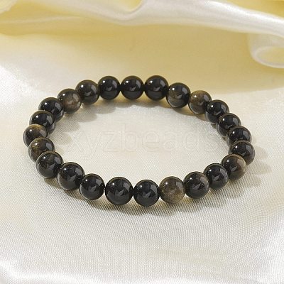 Natural Golden Sheen Obsidian Bead Stretch Bracelets X-BJEW-K212-B-020-1