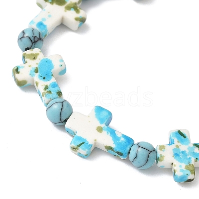 Baking Paint Synthetic Turquoise Cross & Round Beads Stretch Bracelets for Men Women BJEW-JB12341-02-1