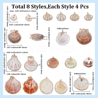 32Pcs 8 Styles Electroplated Natural Mixed Shell Pendants SSHEL-SC0001-62C-1