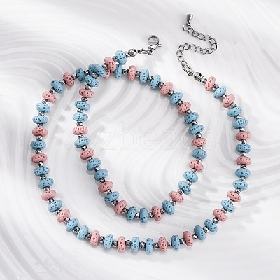 Dyed Natural Lava Rock & Synthetic Non-magnetic Hematite Rondelle Beaded Necklaces NJEW-H054-01P-1