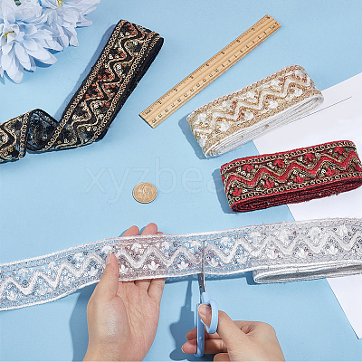 4 Colors Polyester Embroidery Lace Ribbon with Paillette OCOR-CY0004-54-1