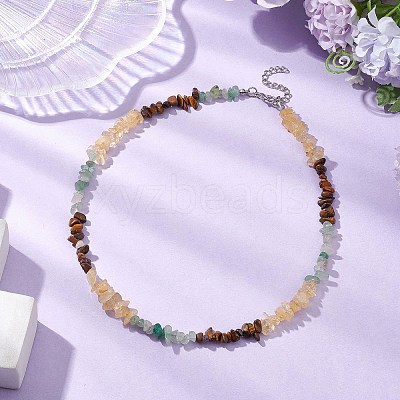 Natural Citrine & Tiger Eye & Green Aventurine Chip Beaded Necklaces NJEW-JN05099-01-1
