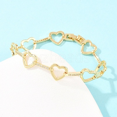 Heart Brass Micro Pave Clear Cubic Zirconia Link Chain Bracelets for Women BJEW-T025-01G-1