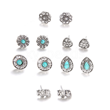 6 Pairs 6 Style Flower & Heart & Teardrop Synthetic Turquoise Stud Earrings with Rhinestone AJEW-PW0005-26AS-1
