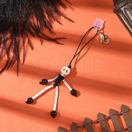 Halloween Theme Skeleton Glass Seed & Natural Black Onyx & Synthetic Turquoise Beaded Pendant Decorations HJEW-MZ00284-06-1