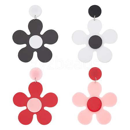 FIBLOOM 2 Pairs 2 Colors Acrylic Flower Asymmetrical Earrings EJEW-FI0001-09-1