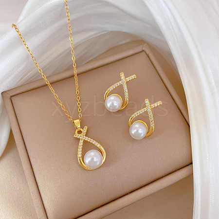 Brass Micro Pave Cubic Zirconia with Plastic Pearl Pendant Necklace & Stud Earrings WG7AC39-115-1