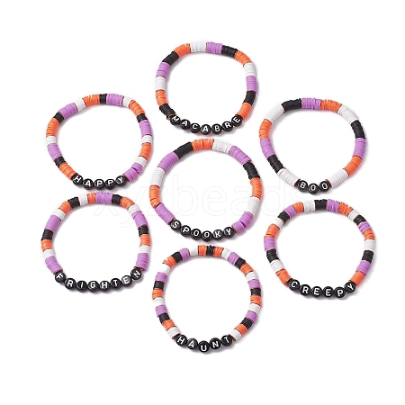 Halloween Word Acrylic & Handmade Polymer Clay Beaded Stretch Bracelets BJEW-JB10887-1