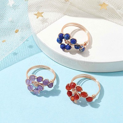 3Pcs 3 Style Natural Mixed Gemstone Braided Beaded Finger Rings Set RJEW-TA00106-1