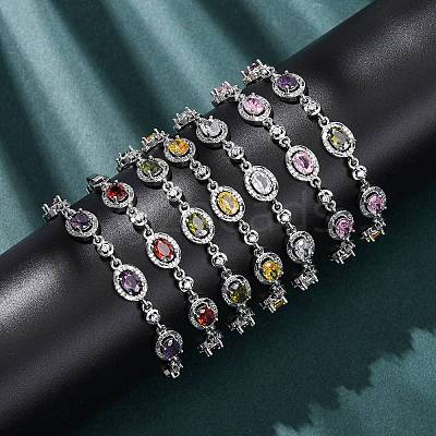 Oval Brass Micro Pave Cubic Zirconia Link Chain Bracelets for Women BJEW-D387-04P-1