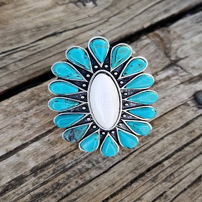 Oval Alloy & Synthetic Turquoise & Natural White Jade Cuff Rings FS-WG97148-01-1
