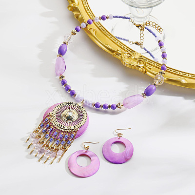 Bohemian Ethnic Style Alloy & Acrylic & Natural Shell Flat Round Tassel Pendant Necklaces & Dangle Earrings Sets FS-WGE5C82-05-1