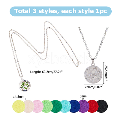 3Pcs 3 Styles Stainless Steel Hollow Essential Oil Diffuser Locket Pendant Necklaces NJEW-HS0001-26B-1