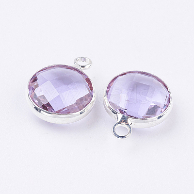 Silver Color Plated Brass Glass Flat Round Charms X-GLAA-M003-A-12S-1