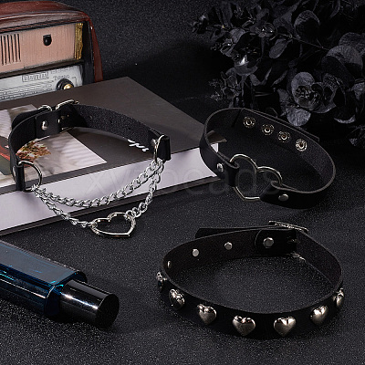 3Pcs 3 Styles Punk-style Imitation Leather Chocker Necklaces NJEW-CL0001-25-1