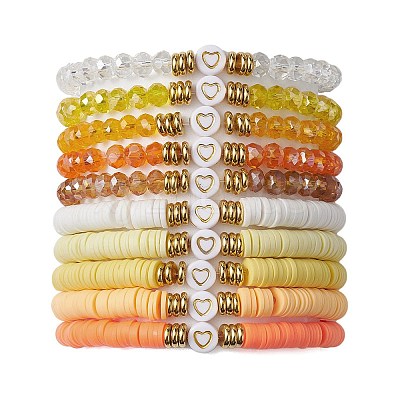 10Pcs Polymer Clay Disc & Glass & Brass Beaded Stretch Bracelets Set BJEW-JB09676-03-1