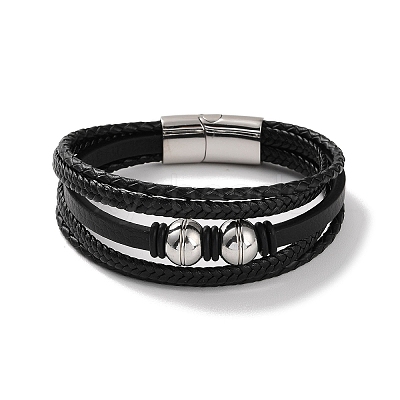 Men's Braided Black PU Leather Cord Multi-Strand Bracelets BJEW-K243-11P-1