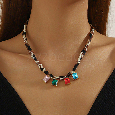 Alloy with Colorful Glass Pendant Polyester Collar Knot Tie Necklaces for Women NJEW-SP0001-17B-1