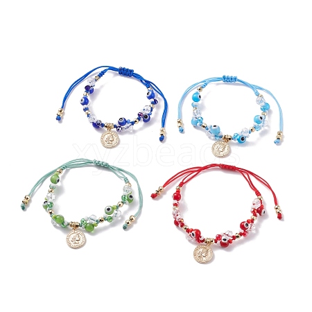 4Pcs 4 Color Round Evil Eye Braided Bead Bracelets Set with Coin Charm BJEW-TA00062-1