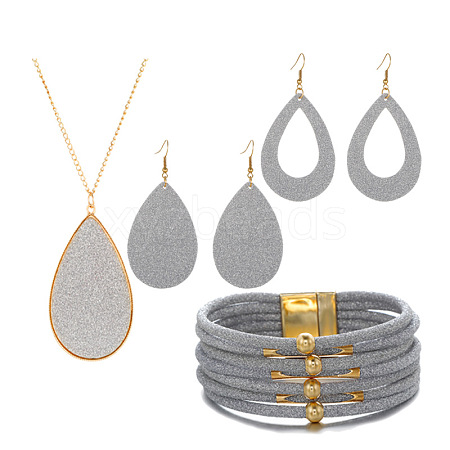 Textured Imitation Leather Teardrop Pendant Necklace & Dangle Earrings & Multi-Strand Bracelet JX529F-1