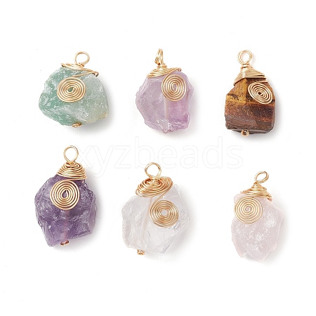 Raw Rough Natural Green Aventurine/Tiger Eye/Rose Quartz/Amethyst/Quartz Crystal Copper Wire Vortex Wrapped Pendants PALLOY-JF03300-1