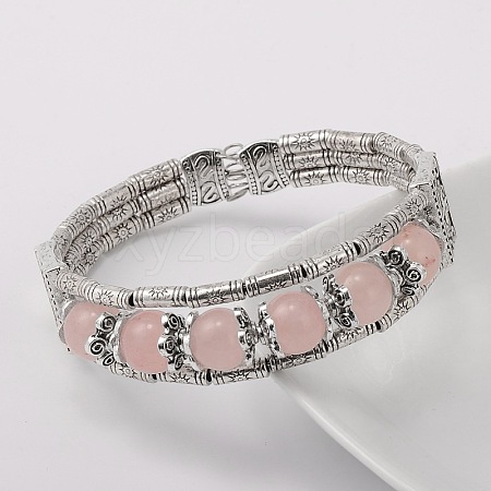 Tibetan Style Antique Silver Alloy Natural Rose Quartz Gemstone Bracelets BJEW-JB01649-03-1