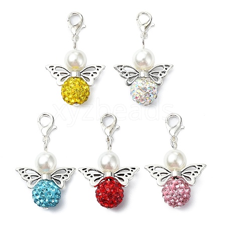 5Pcs 5 Colors Polymer Clay & Glass Pearl & Alloy Angel Pendant Decoration HJEW-JM02633-1