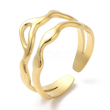 304 Stainless Steel Hollow Wave Open Cuff Ring for Women RJEW-I098-03G-1