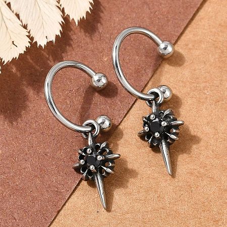 Flower 316 Surgical Stainless Steel & Black Glass Hoop Earrings EJEW-G416-49AS-1