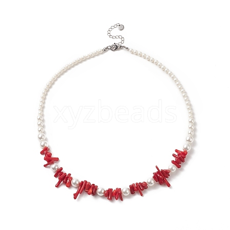 Dyed Synthetic Red Coral Chips & Natural Shell Pearl Graduated Beaded Necklaces for Women NJEW-TA00065-1
