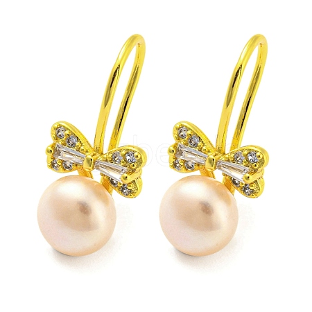 Cubic Zirconia Bowknot Dangle Earrings with Natural Pearl EJEW-Z020-01G-1