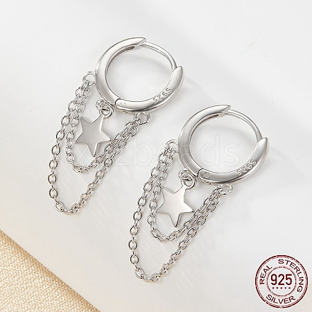 Rhodium Plated 925 Sterling Silver Star & Chains Tassel Dangle Hoop Earrings for Women EJEW-F317-21P-1