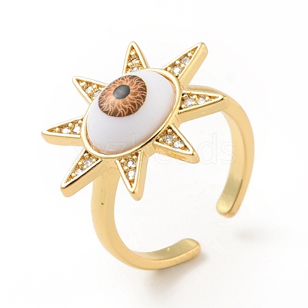 Cubic Zirconia Sun with Evil Eye Open Cuff Ring with Acrylic RJEW-B042-09G-01-1