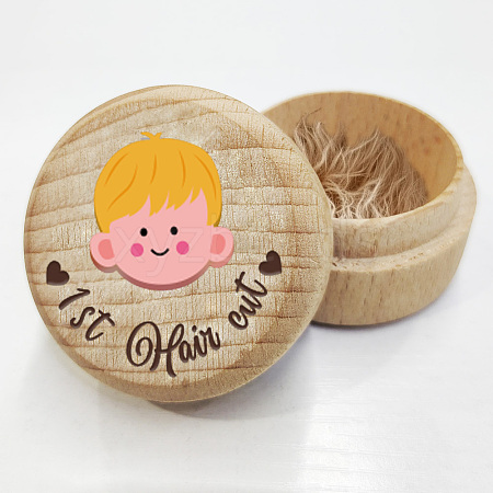 Round Beech Wooden 3D Engraved My First Curl Boy Box CON-WH0120-002-1