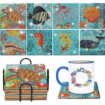 DIY Marine Animal Theme Diamond Painting Square Wood Cup Mat Kits DIY-H163-05-1