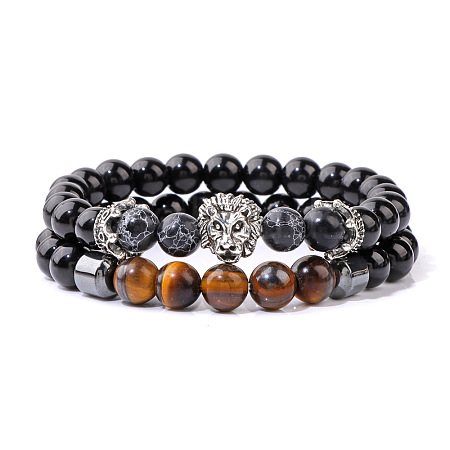 Natural Tiger Eye & Obsidian & Synthetic Hematite Stretch & Synthetic Black Turquoise Bead Stretch Bracelets IO9425-6-1