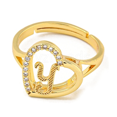 Heart with Letter Rack Plating Brass Micro Pave Cubic Zirconia Adjustable Rings for Women RJEW-I105-06G-Y-1