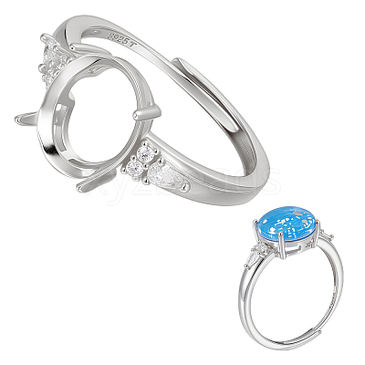Adjustable 925 Sterling Silver Micro Pave Cubic Zirconia Oval Ring Component STER-BC0003-57P-1