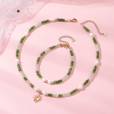Dyed Natural Malaysia Jade & Natural Cultured Freshwater Pearl Bead Bracelets & Necklaces Sets SJEW-JS01373-02-1